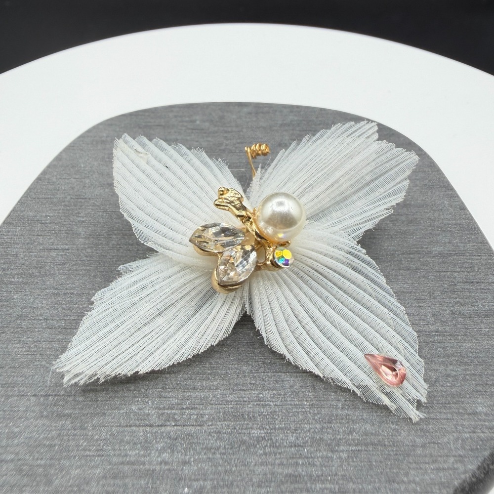 White Fabric Butterfly Hair Accessory Faux Pearl Rhinestone Gold Tone Bridal